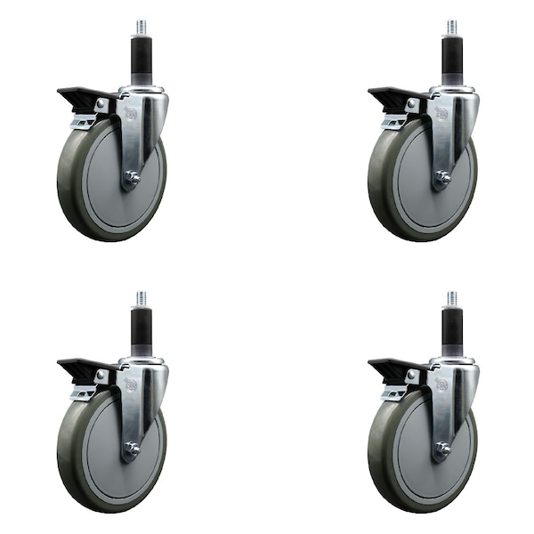 6'' Gray Poly Swivel 1-1/8'' Expanding Stem Caster Set with Brake, 4PK